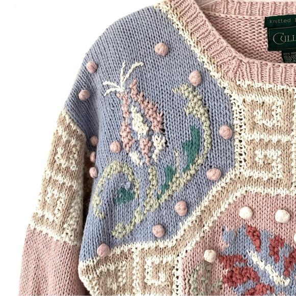 Vintage Hand Knit Cullinane Pink Cream Tan Floral Sweater size medium - Picture 5 of 8